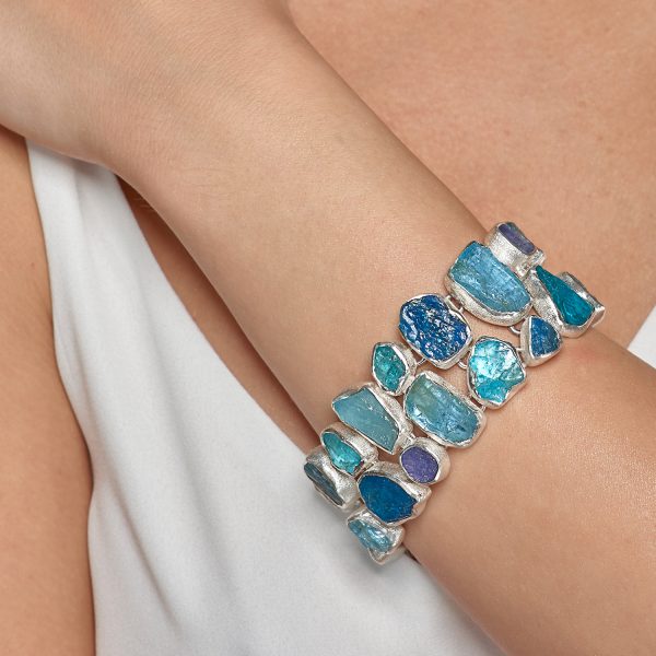 Unique Handmade Ladies Aquamarine, Apatite & Tanzanite Gemstone Statement Bracelet