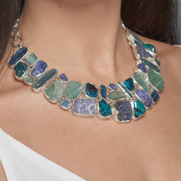 Aquamarine, Tanzanite, Chrysocolla, Kyanite Gemstone Statement Silver Necklace