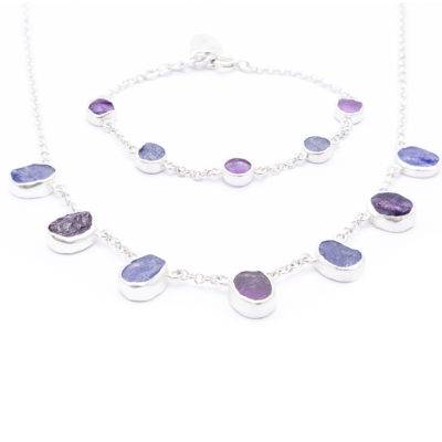 Handmade Amethyst and Tanzanite Gemstone Ladies Necklace And Bracelet Jewellery Set