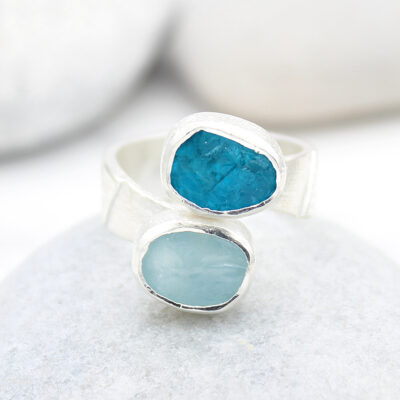Aquamarine and Apatite Gemstone Ladies Statement Adjustable Silver Ring