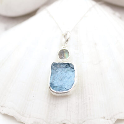 Aquamarine & Rainbow Moonstone Gemstone Handmade Sterling Silver Pendant