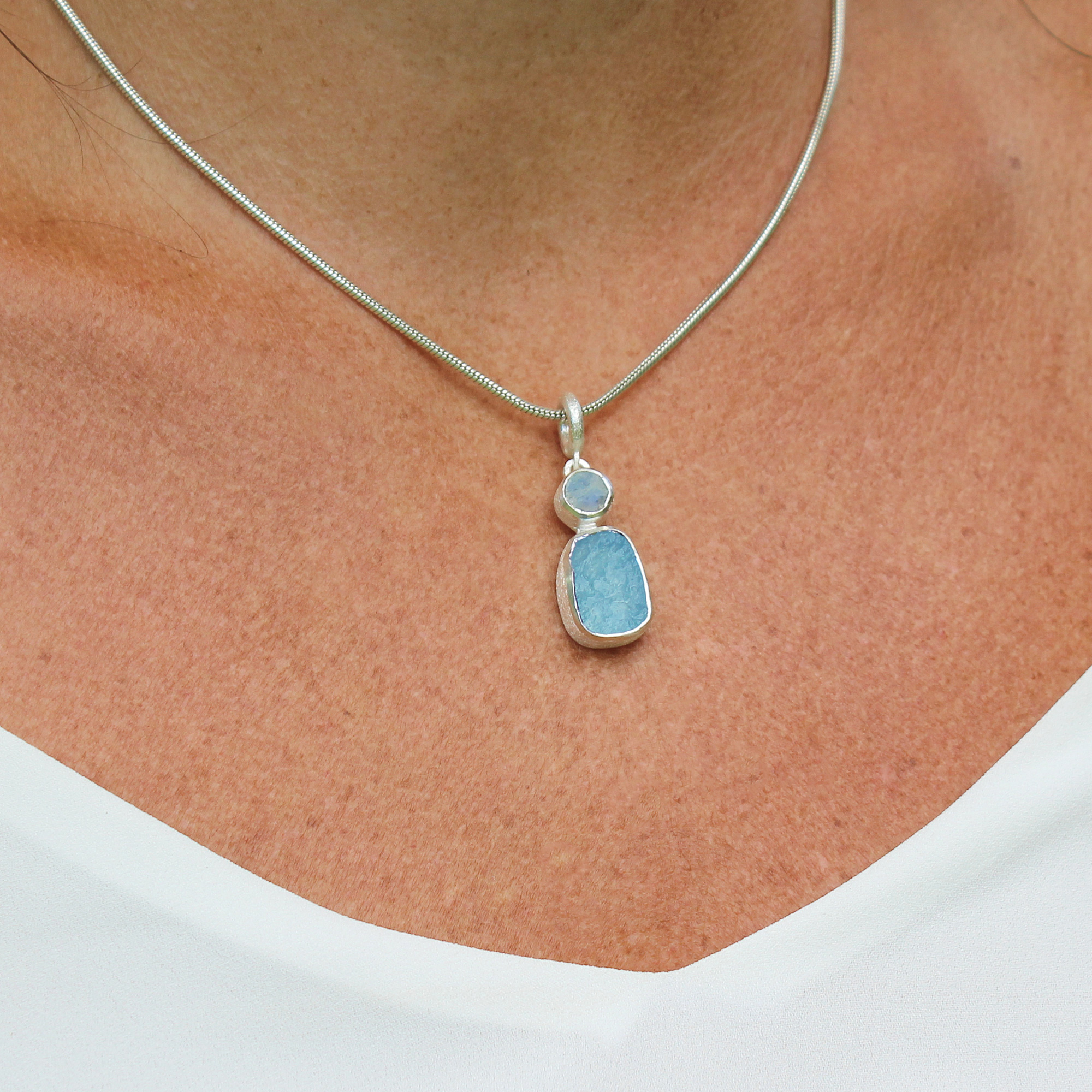Aquamarine & Rainbow Moonstone Gemstone Handmade Sterling Silver Pendant