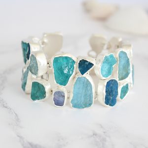 Unique Handmade Ladies Aquamarine, Apatite & Tanzanite Gemstone Statement Bracelet