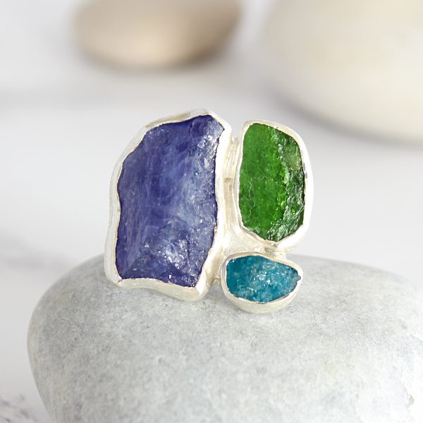 Apatite, Tanzanite And Chrome Diopside Gemstone Sterling Silver Ladies Ring