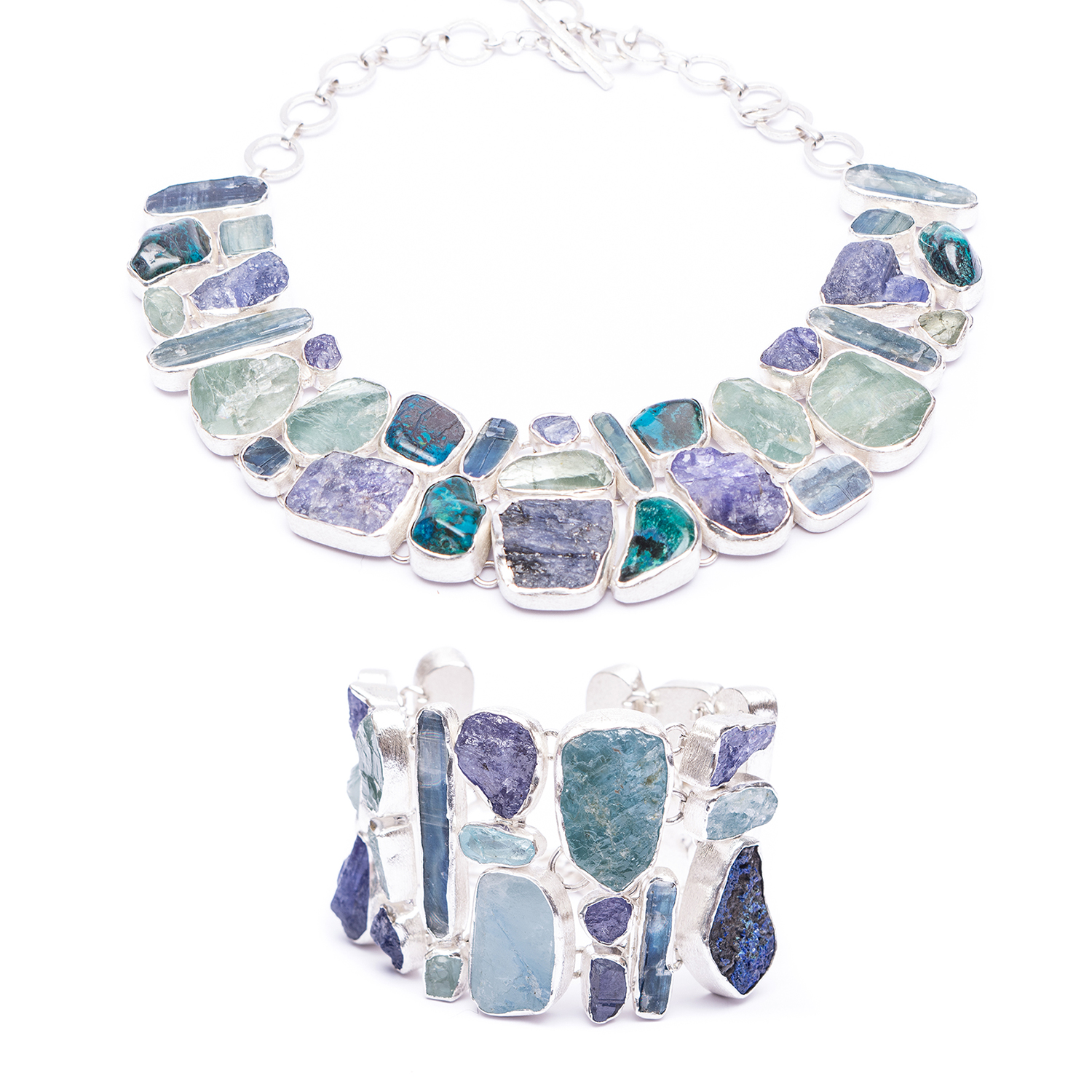 Aquamarine,-Tanzanite-Chrysocolla-Kyanite-Gemstone-necklace-bracelet-set