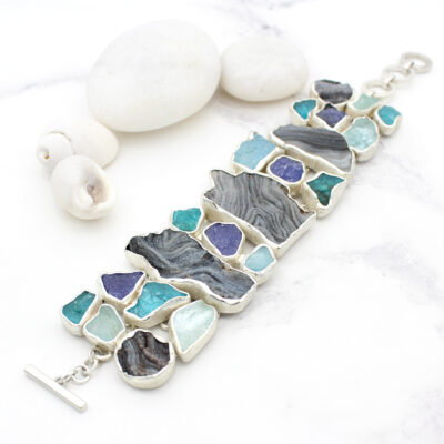 Handmade Ladies Aquamarine, Apatite, Tanzanite & Drusy Gemstone Statement Bracelet