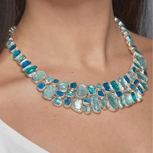 Aquamarine And Apatite Gemstone Sterling Silver Ladies Statement Necklace