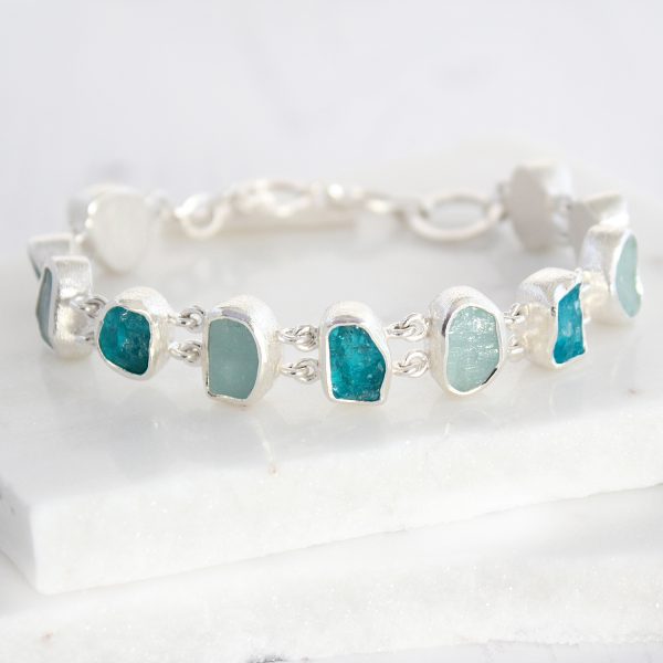 Aquamarine and Apatite Gemstone Handmade Sterling Silver Ladies Bracelet