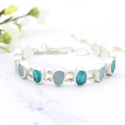 Aquamarine and Apatite Gemstone Handmade Sterling Silver Ladies Bracelet