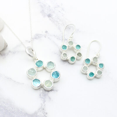 Circle of Stones Aquamarine and Apatite Pendant and Earrings Set