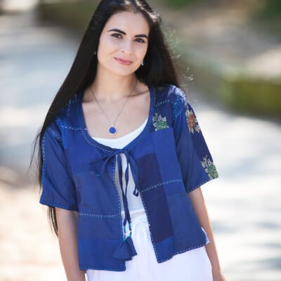 Rich Blue Hand Stitched Recycled Silk Sari Cover-up