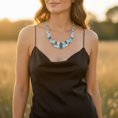 Made to Order Aquamarine And Neon Apatite Gemstone Sterling Silver Ladies Statement Necklace