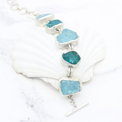 Aquamarine & Apatite Gemstone Chunky Handmade Sterling Silver Ladies Bracelet