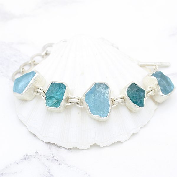 Aquamarine & Apatite Gemstone Chunky Handmade Sterling Silver Ladies Bracelet