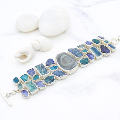 Handmade Ladies Apatite, Tanzanite, Kyanite And Drusy Gemstone Silver Bracelet