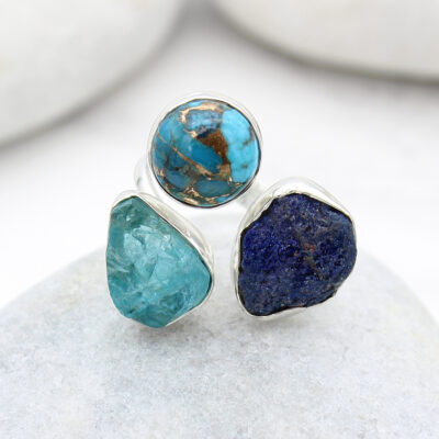 Apatite, Opal And Azurite Gemstone Adjustable Sterling Silver Ring