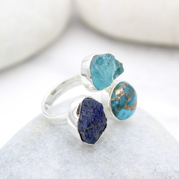 Apatite, Opal And Azurite Gemstone Adjustable Sterling Silver Ring