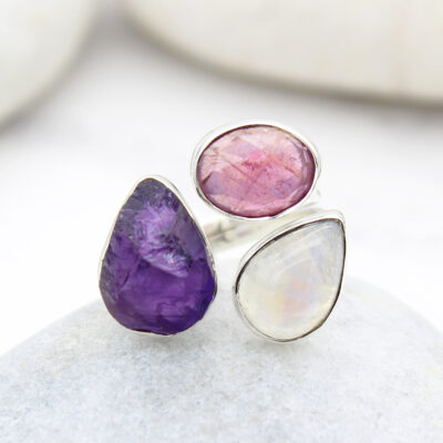 Ruby, Moonstone And Amethyst Gemstone Adjustable Sterling Silver Ring