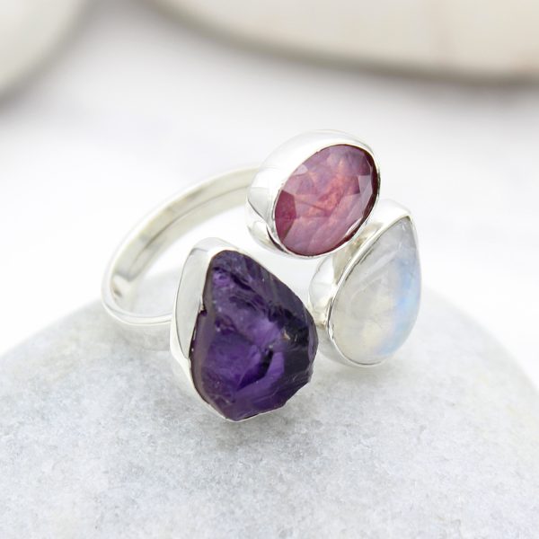 Ruby, Moonstone And Amethyst Gemstone Adjustable Sterling Silver Ring