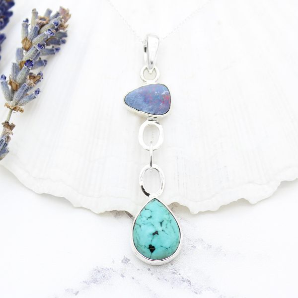 Blue Opal And Tibetan Turquoise Gemstone Sterling Silver Pendant