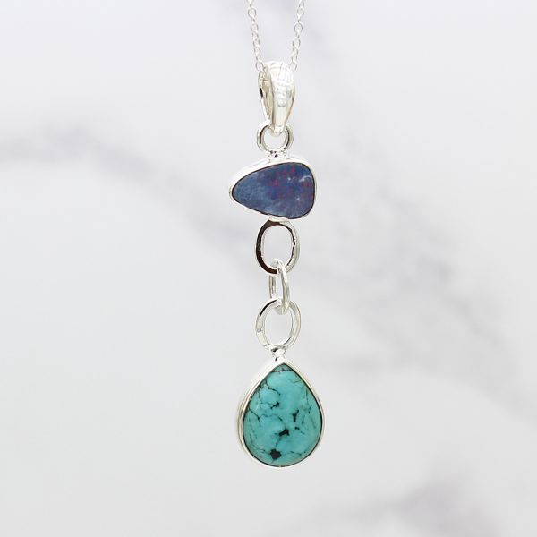 Blue Opal And Tibetan Turquoise Gemstone Sterling Silver Pendant