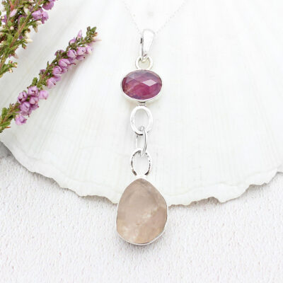 Ruby & Rose Quartz Gemstone Sterling Silver Pendant