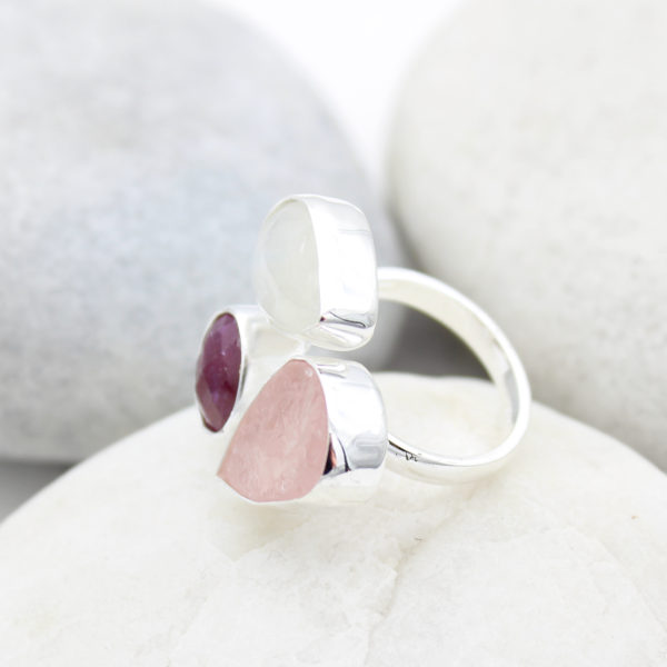 Ruby, Moonstone And Rose Quartz Gemstone Adjustable Sterling Silver Ring