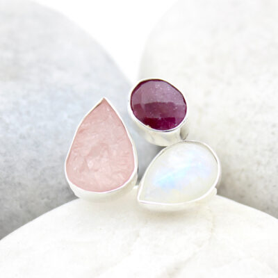 Ruby, Moonstone And Rose Quartz Gemstone Adjustable Sterling Silver Ring
