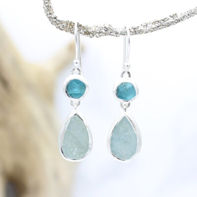 Aquamarine & Apatite Gemstone Sterling Silver Ladies Earrings