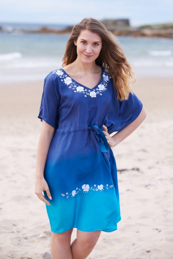 Ocean Blue Ombre Hand Dyed Poppy Embroidered Silk Kaftan