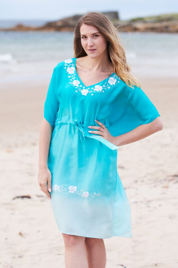 Jade Green Ombre Hand Dyed Poppy Embroidered Silk Kaftan