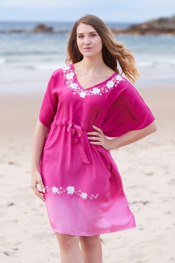 Hot Pink Ombre Hand Dyed Poppy Embroidered Silk Kaftan