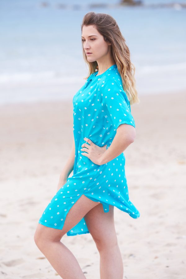 Turquoise Blue Hand Tie Dyed Silk Shirt Dress