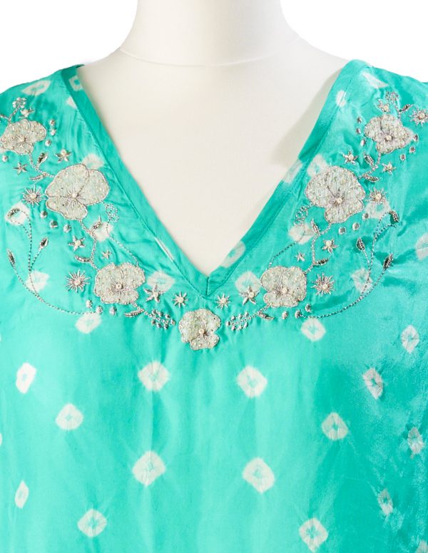 Aquamarine Poppy Flower Embroidered Silk Tunic Dress Short