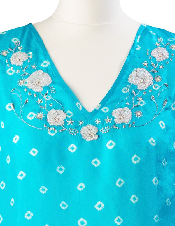 Turquoise Poppy Flower Embroidered Silk Tunic Dress Short