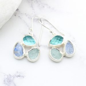 Aquamarine, Apatite & Moonstone Gemstone Sterling Silver Ladies Petal Earrings