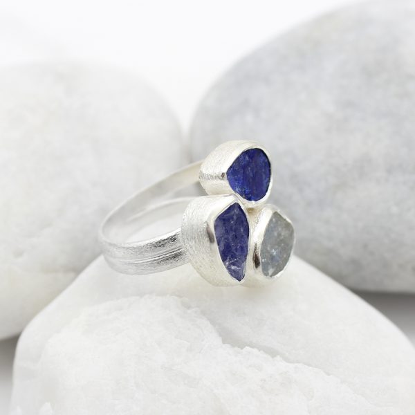 Tanzanite, Lapis Lazuli & Moonstone Gemstone Adjustable Sterling Silver Ring