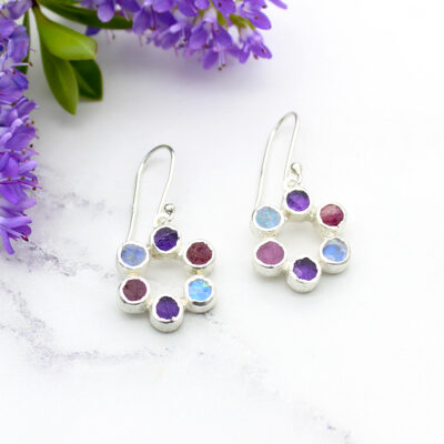 Amethyst, Moonstone & Ruby Gemstone Handmade Silver Earrings