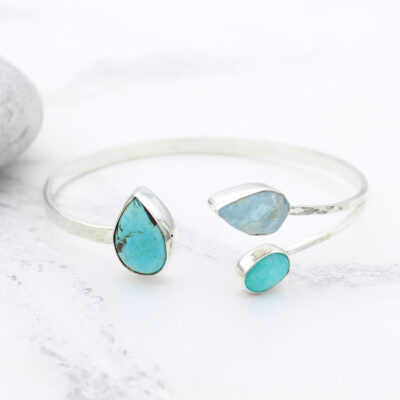 Aquamarine, Amazonite & Turquoise Gemstone Sterling Silver Bangle