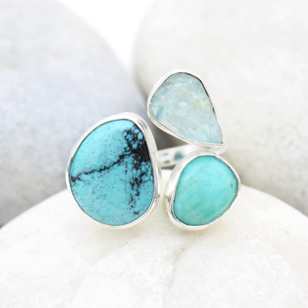 Aquamarine, Amazonite & Turquoise Gemstone Adjustable Sterling Silver Ring