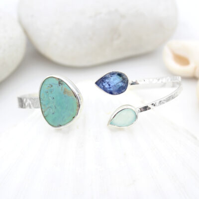 Tanzanite, Turquoise & Aqua Chalcedony Gemstone Sterling Silver Bangle