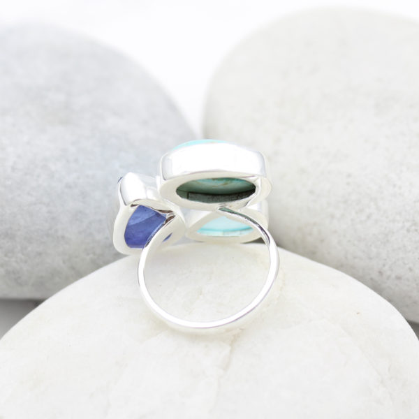 Tanzanite, Turquoise & Aqua Chalcedony Gemstone Sterling Silver Ring