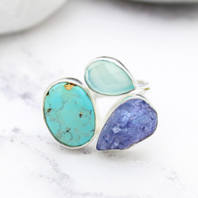 Tanzanite, Turquoise & Aqua Chalcedony Gemstone Sterling Silver Ring