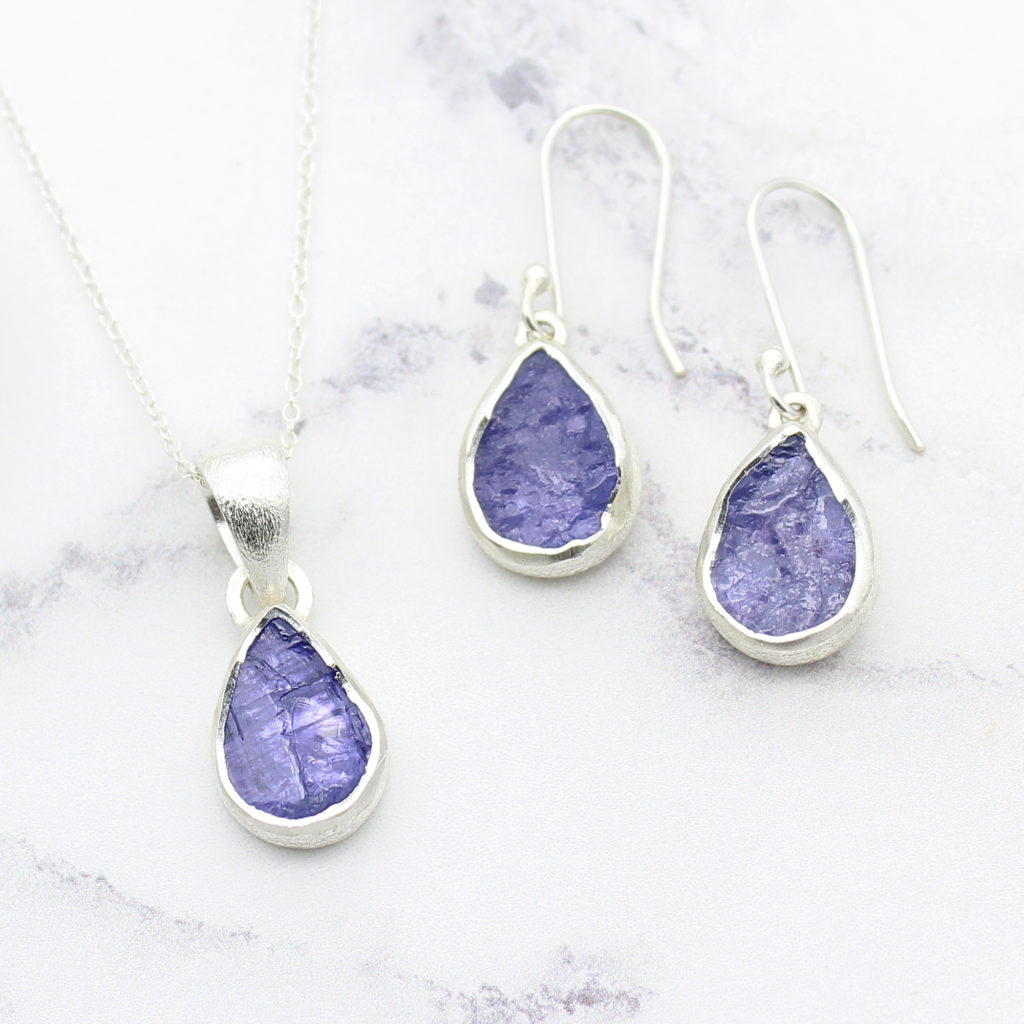 Tanzanite Gemstone Silver Pendant and Earrings Set Poppy Jewellery