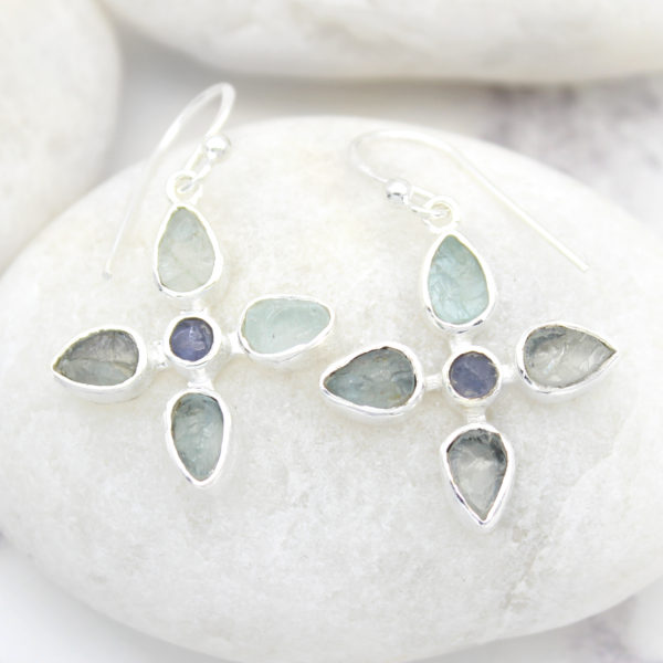 Aquamarine & Tanzanite Gemstone Sterling Silver Flower Earrings