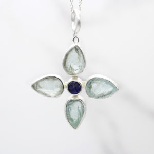 Handmade Aquamarine & Tanzanite Gemstone Flower Pendant Necklace