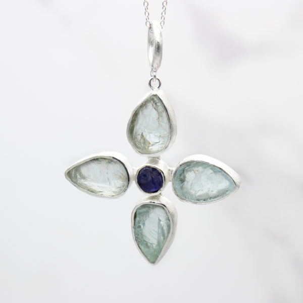 Handmade Aquamarine & Tanzanite Gemstone Flower Pendant Necklace