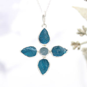 Handmade Neon Apatite & Aquamarine Gemstone Flower Pendant Necklace
