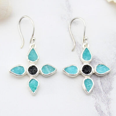 Amazonite & Black Tourmaline Gemstone Sterling Silver Flower Earrings