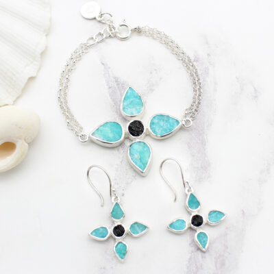Handmade Amazonite & Black Tourmaline Gemstone Earrings & Bracelet Set